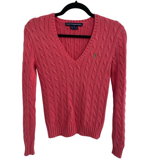Vintage Ralph Lauren Sport V Neck Cable Knit Cotton Sweater Coral Pink Small - Picture 1 of 5